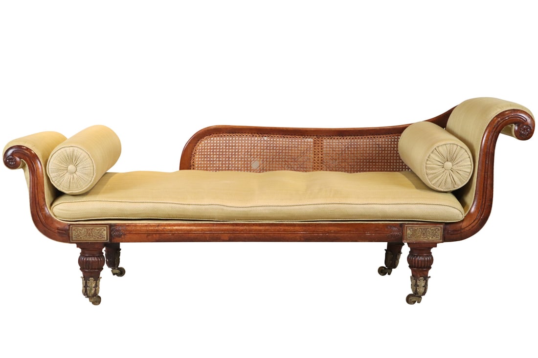 Regency Walnut and Caned Back Recambier: English, 19th C. with gold upholstery. Losses to caned back, repairs to leg. 30-1/2"h x 6'7"w x 27-1/2"d