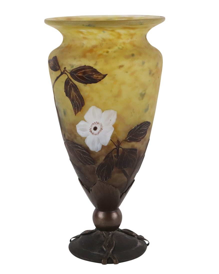 Daum Nancy Bronze Mounted Cameo Glass Vase: With enamel decoration, signed on bronze base, early 20th C. 13-1/4"h x 6"dia.