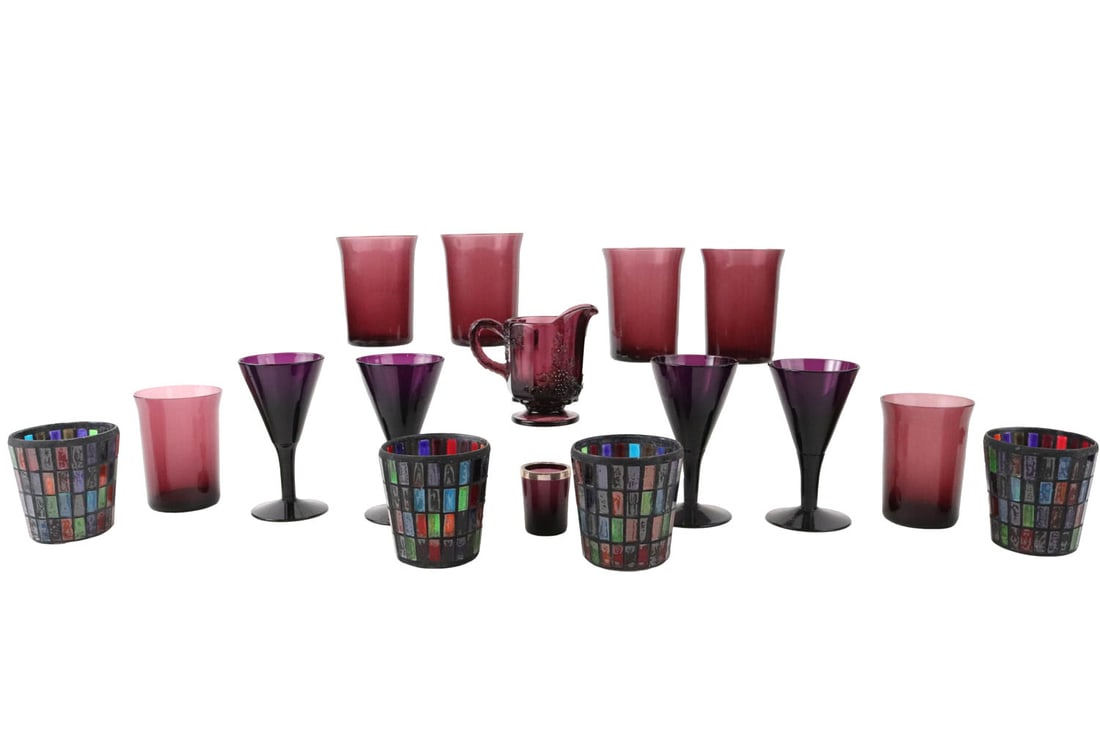 Group of Amethyst Glassware: Comprising, six tumblers, four sherry glasses, a pitcher, and a shot glass. Together with four stained glass tumblers, 16 pieces Tallest: 5"h Provenance: Property from a Private Princeton, NJ Collecti