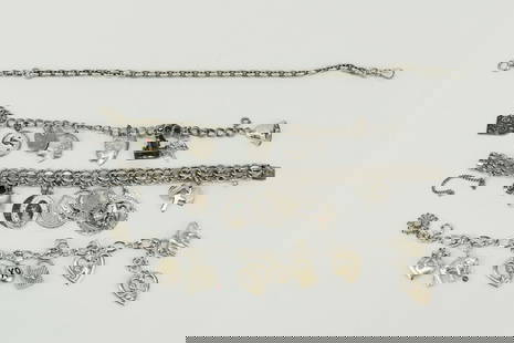 Three Sterling Silver Charm Bracelets with Charms: Three Sterling Silver Charm Bracelets with Charms, most charms Sterling Silver (but not all) and some engraved, includes a vintage Sterling Silver Disney Charm of the castle from the Magic Kingdom, to