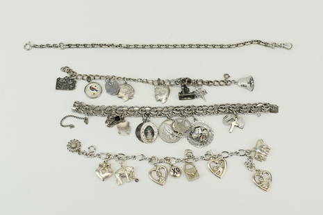 Three Sterling Silver Charm Bracelets with Charms: Three Sterling Silver Charm Bracelets with Charms, most charms Sterling Silver (but not all) and some engraved, includes a vintage Sterling Silver Disney Charm of the castle from the Magic Kingdom, to