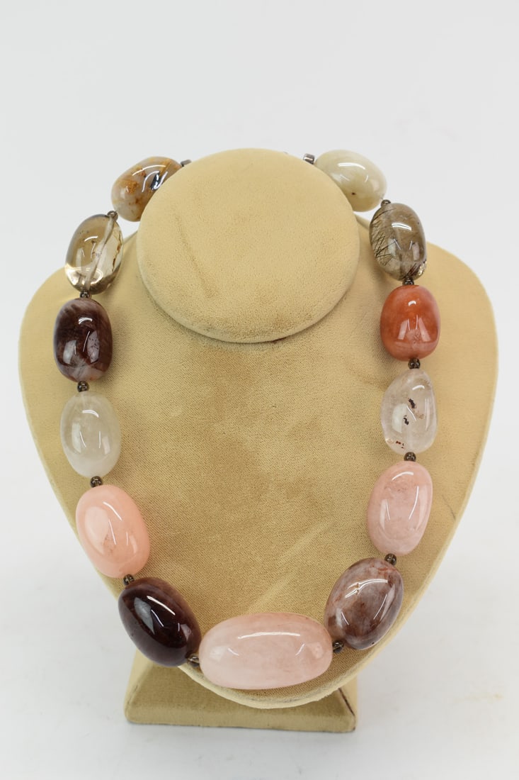 Studio Large Rose Quartz Agate Beaded Necklace (1 of 4)