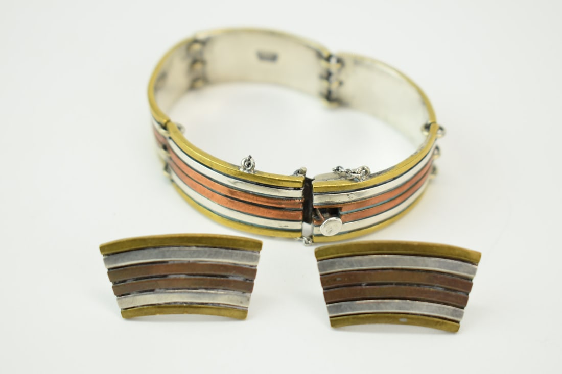 Multi-tone Southwestern Bangle and Earclip Set (1 of 4)