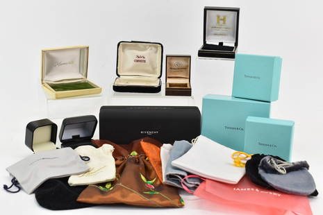 Group of Assorted Jewelry Boxes and Pouches: Group of Assorted Jewelry Boxes and Pouches. Including some Tiffaney & Co and Givenchy. Used condition, Givenchy box measures 7" x 3" x 1 1/4"