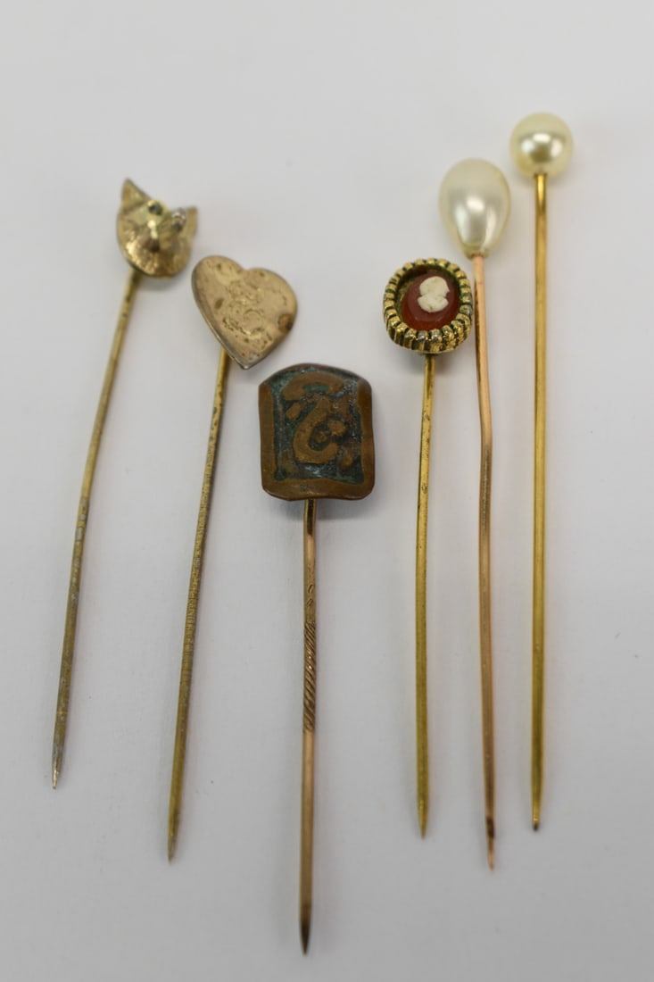 Six Gold & Gold Filled Stick Pins: Six Gold & Gold Filled Stick Pins, including fox, heart, pearl and cameo, longest 2-3/4"l.