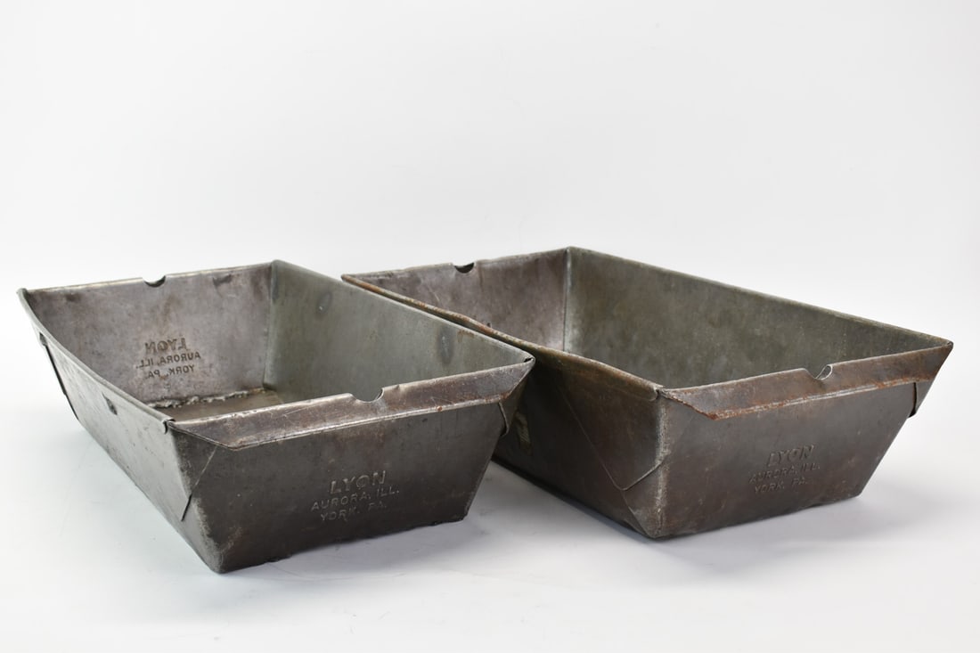 Two Lyon Modern Industrial Metal Trays: Two Lyon Modern Industrial Metal Trays. Used condition, wear, worn, each measures 24" long x 6" tall x 12" wide