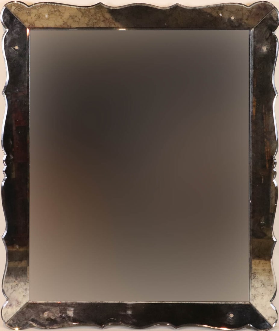 Contemporary Glass Mirror: Contemporary Glass Mirror, 20th/21st C., with intentionally oxidized glass frame Appx. 47-3/4"h x 39"w