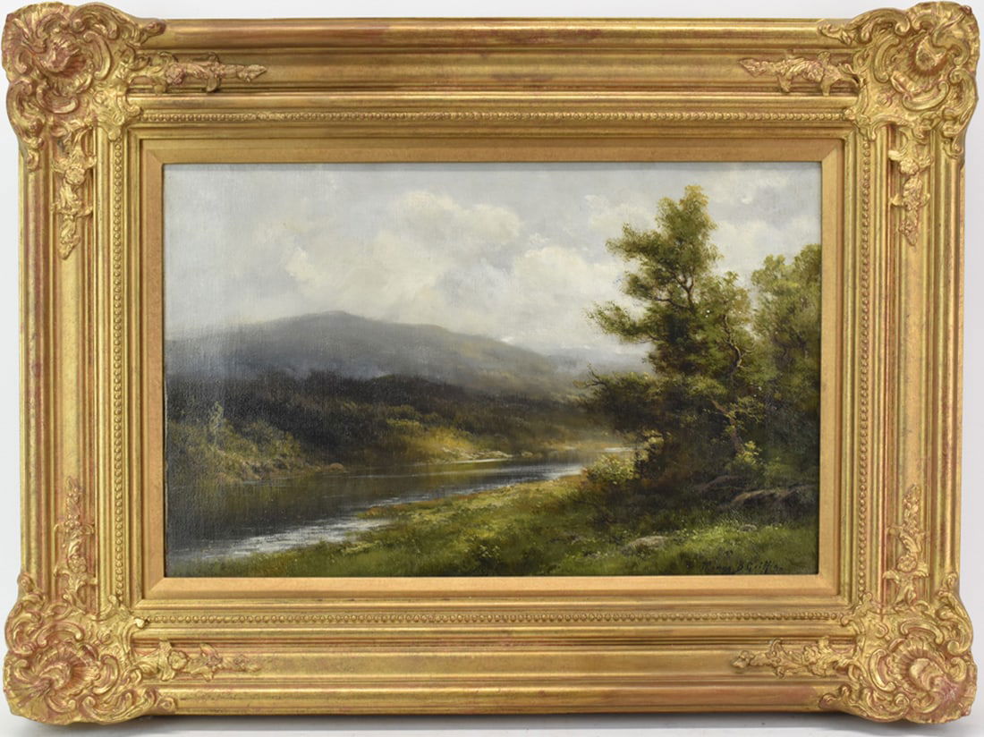 Thomas B. Griffin Oil on Canvas Landscape: Thomas B. Griffin Oil on Canvas Landscape with lake and mountains. Used condition, framed size 25 1/2" wide x 19" tall and sight 11 1/4" tall x 17 3/4"
