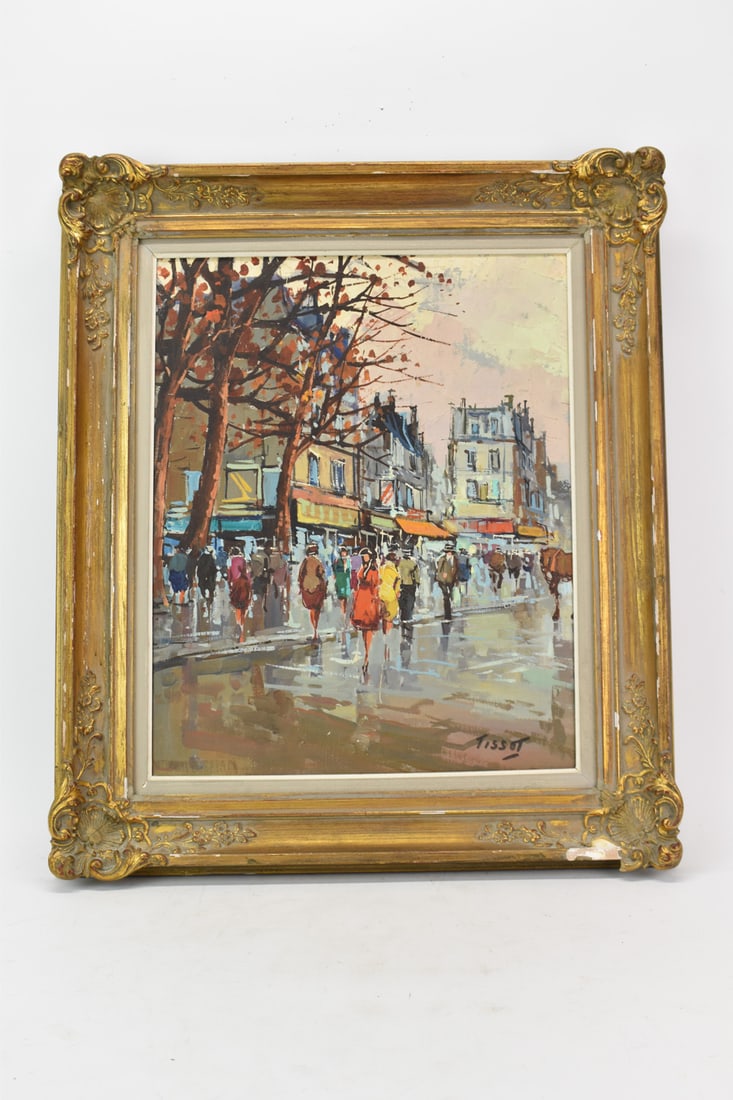 Oil on Canvas of Parisian Street Scene: Oil on Canvas of Parisian Street Scene signed Tissot. Used condition, chips and missing pieces to frame. Frame size 27" tall x 23" wide x 2 1/4" tall
