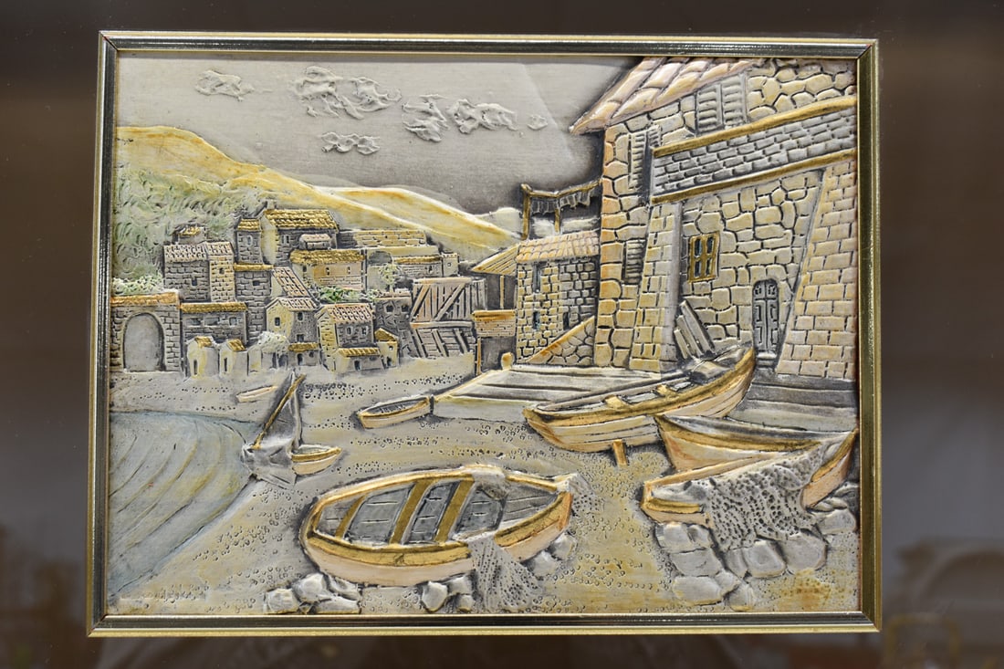 Sterling Silver Mounted Plaque of Fishing Village (1 of 6)