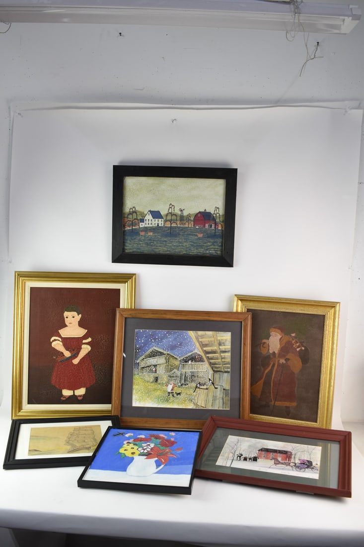 Group of Assorted Americana Artwork: Group of Assorted Americana Artwork including Patricia Moss, 2 Giclee prints: one depicting young girl, the other depicting Santa Clause, print of Santa Clauses in barnyard, sailing ship, farmstead, s