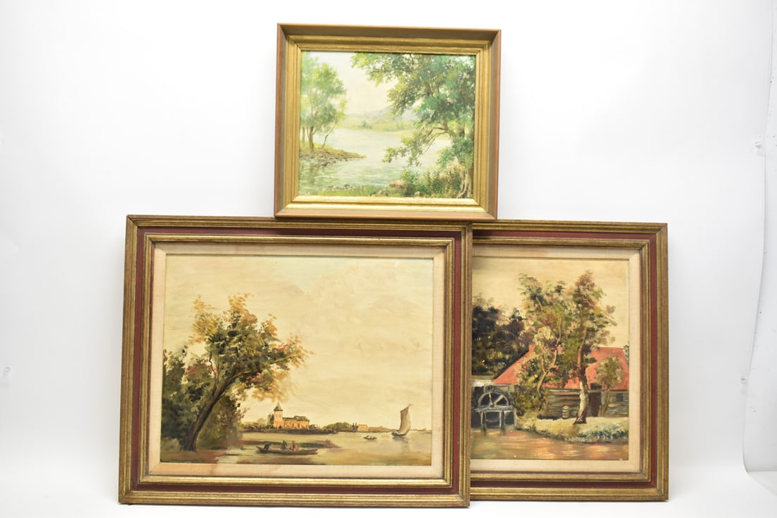 Framed Vintage River Landscape Oil on Canvas: Framed Vintage River Landscape Oil on Canvas together with a water wheel oil on canvas and a boats on water oil on canvas, these in matching frames. Used condition, wear/worn, the matching frame examp