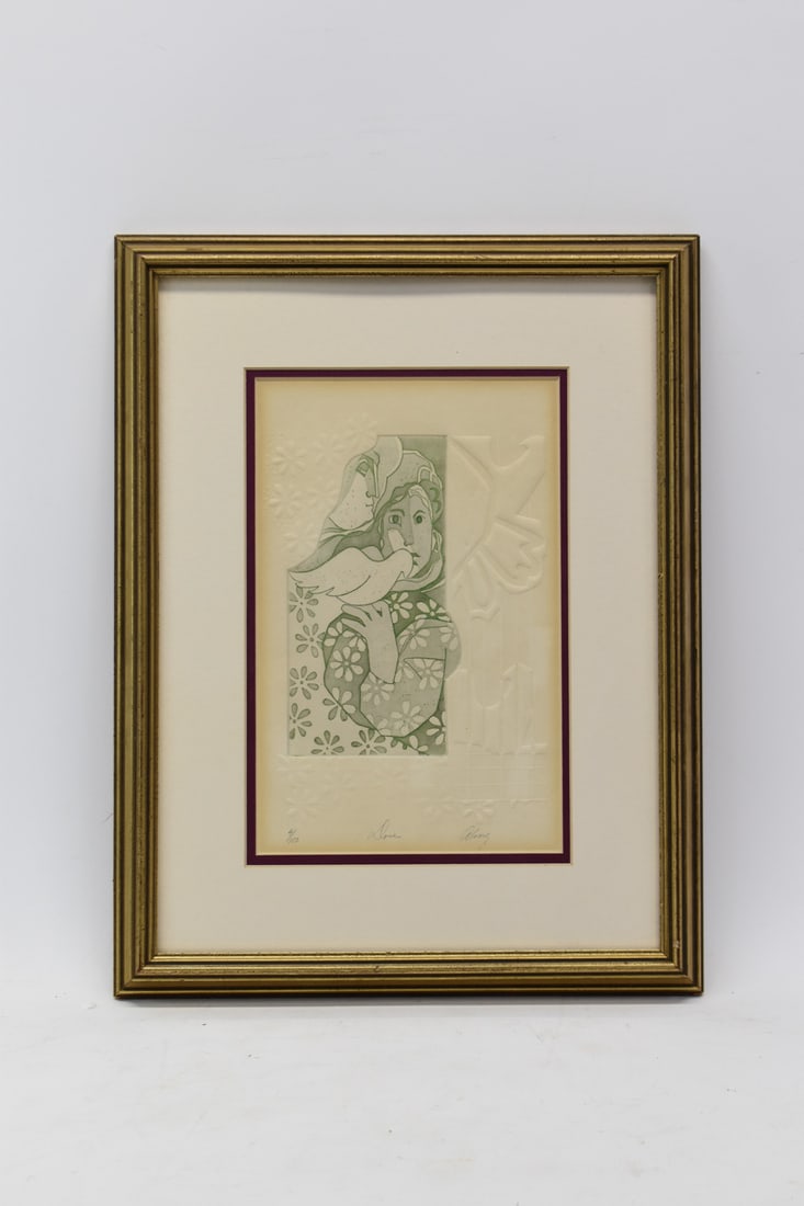 Limited Edition Embossed Paper Titled Dove: Limited Edition 4/150 Embossed Paper Titled Dove signed lower right Alvarez. Used condition, matte burn, chip to frame, not examined outside of frame. Framed size 18" x 13 3/4"