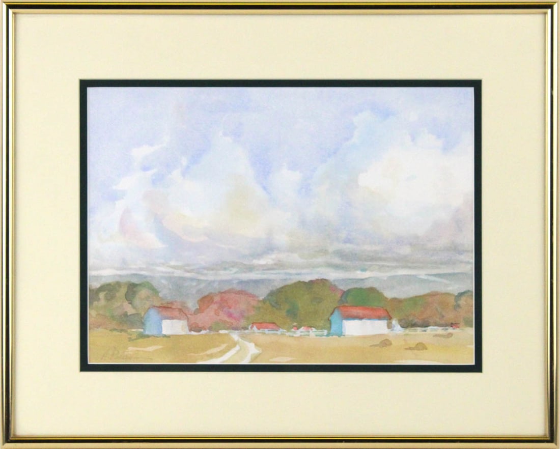 Watercolor on Paper, Farmstead: 20th C., signed faintly l.l.c., verso, possibly "A. Peterson" or "A. Pearson", inscribed with "To Christy and Alex, All our best wishes for a wonderful life together / Sept 1996 / From all the Peterso