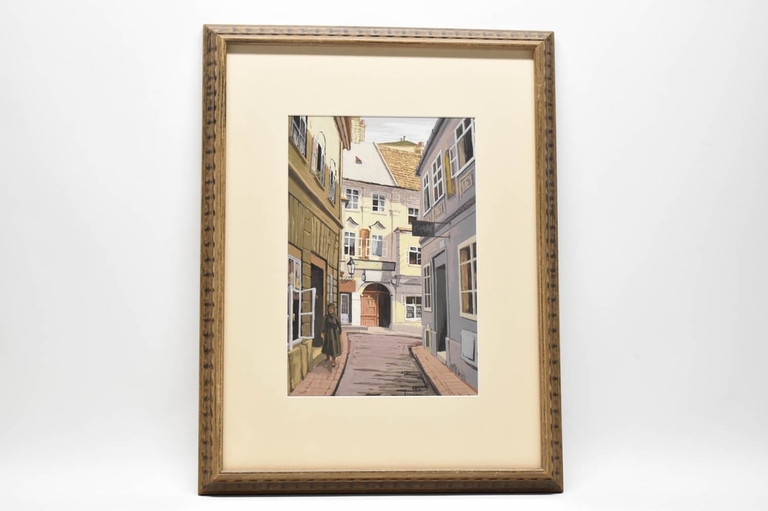 Vintage Gouache Street Scene of Village: Vintage Gouache Street Scene of Village signed Williams. Used condition, Framed size 21 3/4" tall x 16 3/4" wide