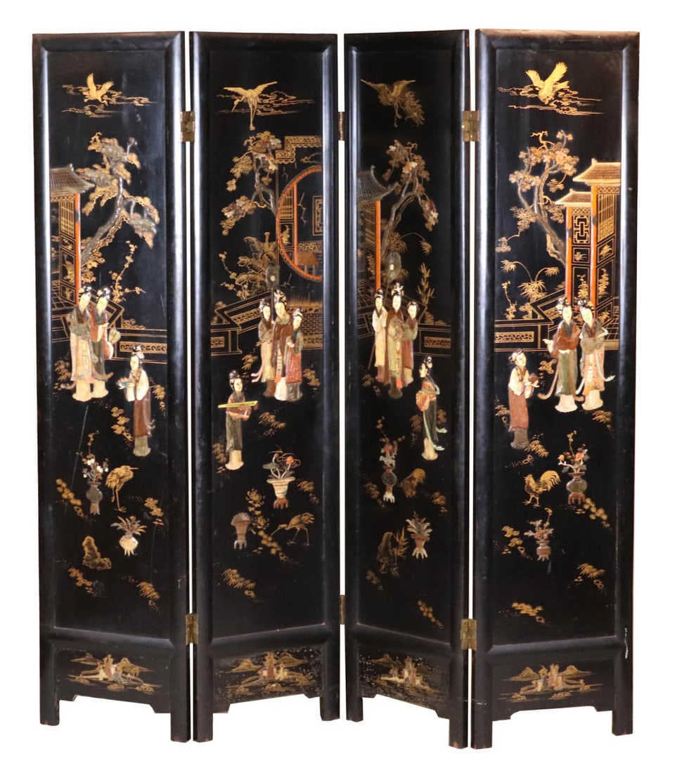 Chinese Hardstone & Coromandel Four Panel Screen (1 of 11)