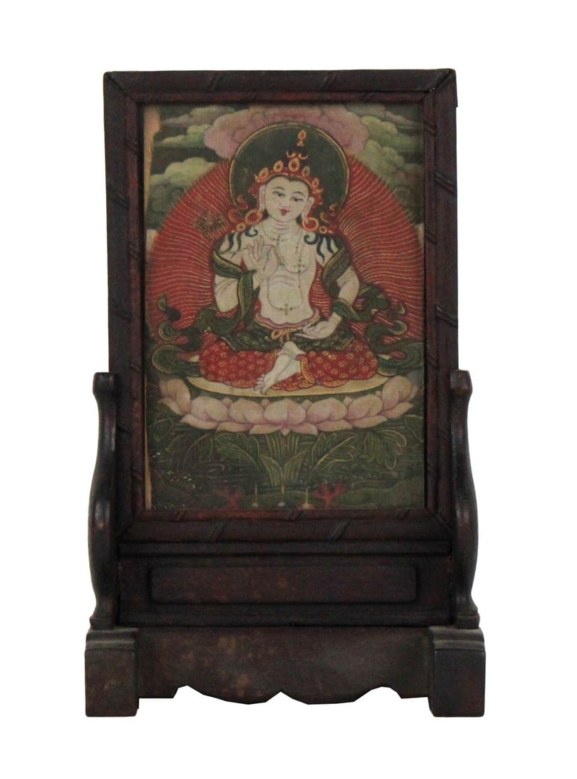 Tibetan Thangka of Mahavairocana: Painted in colors (tson-tang), framed under glass in a later hardwood stand Thangka: appx. 5-1/4"h x 3-3/8"w Overall: 8-3/8"h x 5-1/8"w