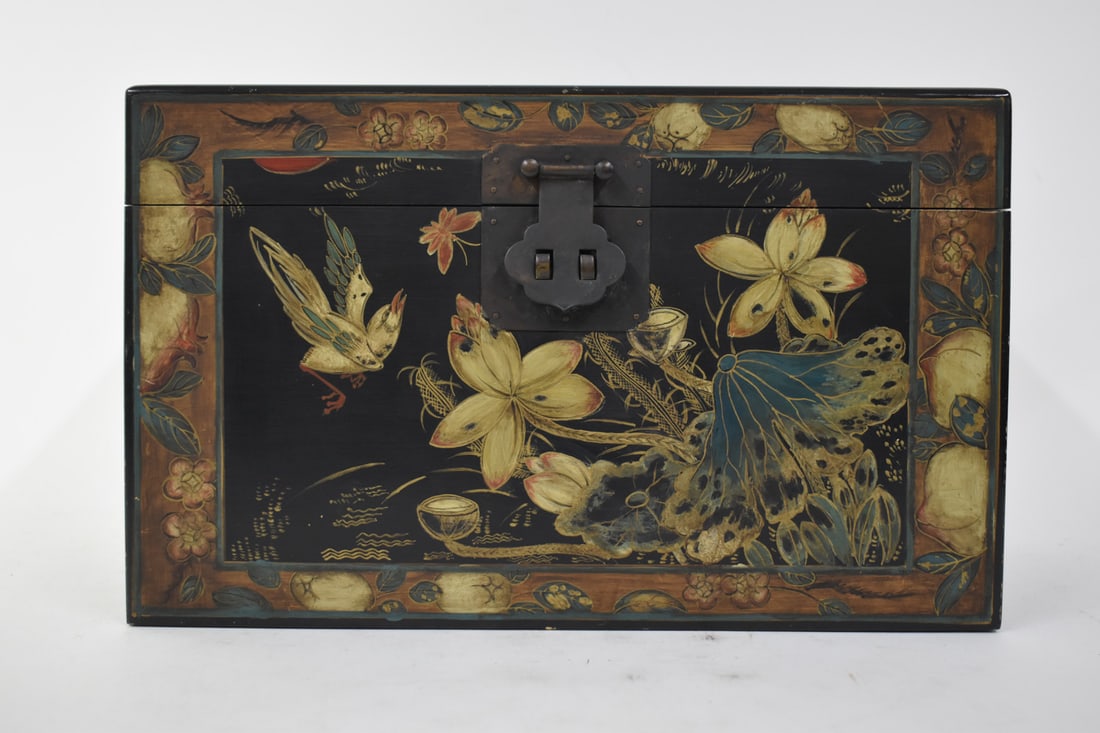 Asian Style Paint Decorated Black Lacquered Box (1 of 6)