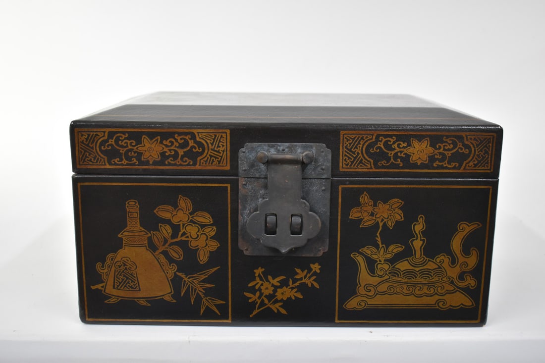 Asian Style Paint Decorated Black Leather Box (1 of 7)