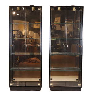 Two Tall Henredon Black Lacquer Cabinets: With glass shelves. 82.5"h x 32"w x 15"d