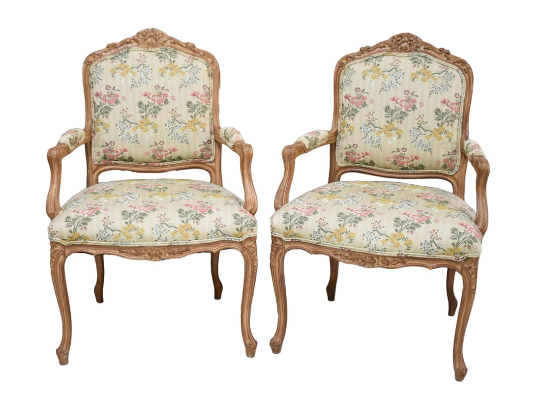 Pair of Louis XV Style Open Armchairs Fauteuil: Pair of Louis XV Style Open Armchairs Fauteuil. Having floral upholstered backrest and armrest. Used condition, 40 1/2" tall x 27" wide x 27" deep x 20" tall to top of seat