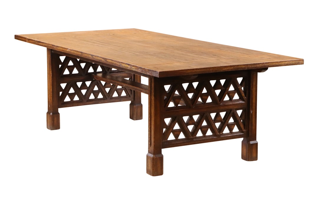 Carved Oak Dining Table: 20th/21st C. Scratches, wear, surface distress. 29"h x 7'6"w x 44"d