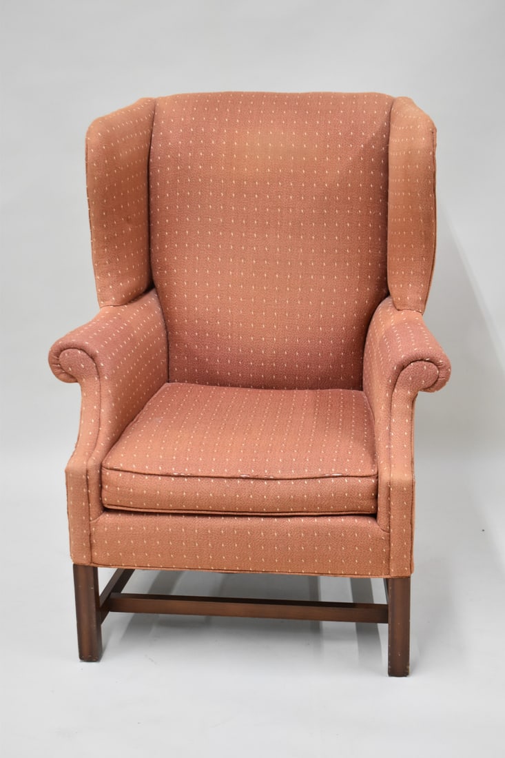 Upholstered Winged Back Armchair: Upholstered Winged Back Armchair. Used condition, wear, worn, faded. 42 1/2" tall x 32" wide x 32" deep x 17 1/2" to top of cushion