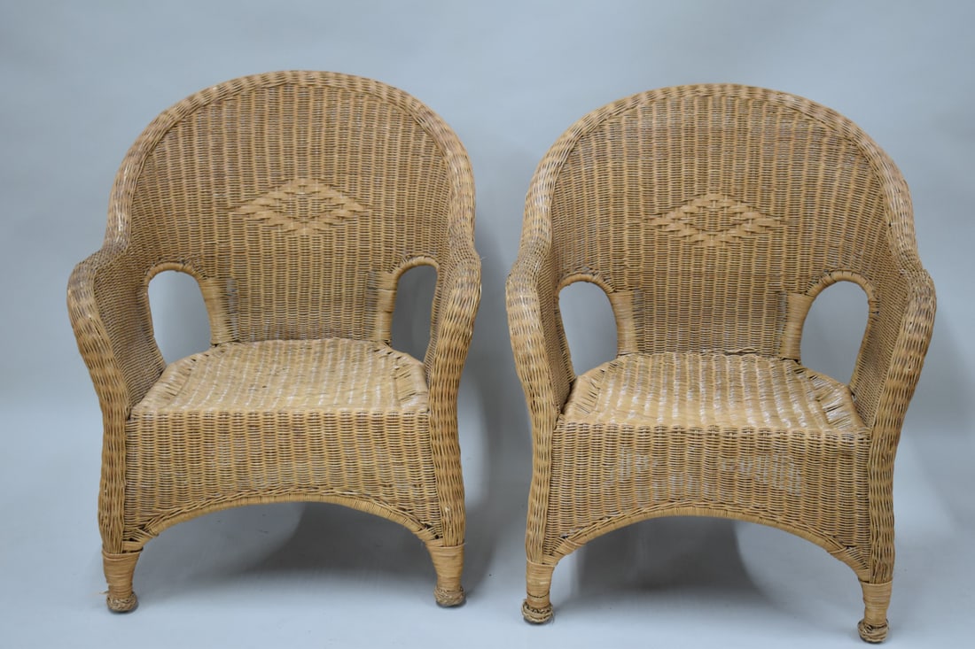 Pair of Natural Wicker Armchairs: Pair of Natural Wicker Armchairs. Used condition, minor wear.