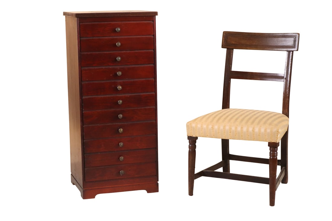 Federal Style Mahogany Side Chair: 20th C. with striped upholstery. Together with a mahogany record cabinet. 2 pieces Scratches, wear, surface distress. 31-1/4"h x 19"w x 16-1/2"d and 36-1/4"h x 16-1/4"w x 14-1/2"d Provenance: Property