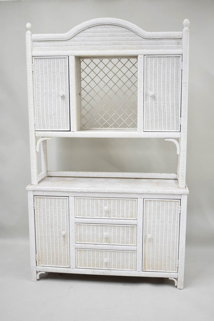 White Wicker Hutch Cabinet: White Wicker Hutch Cabinet. Used condition, in need of a cleaning. 80" tall x 49" long x 18" deep