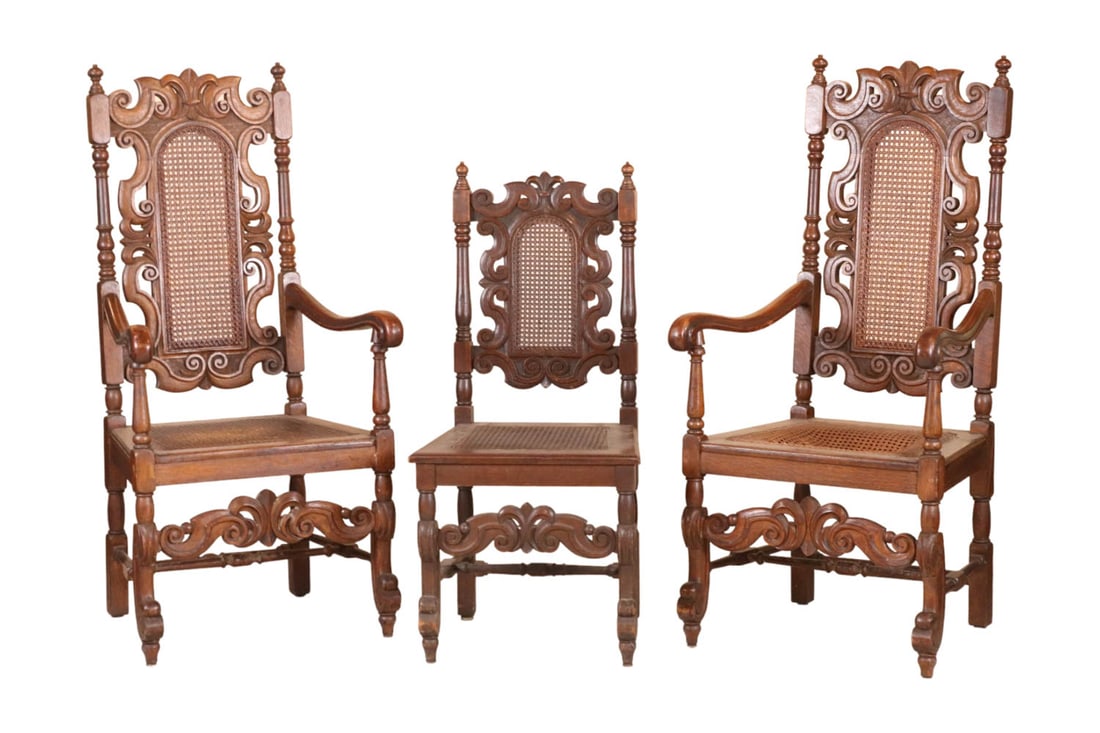 Pair of Jacobean Style Oak Caned Seat Armchairs (1 of 15)