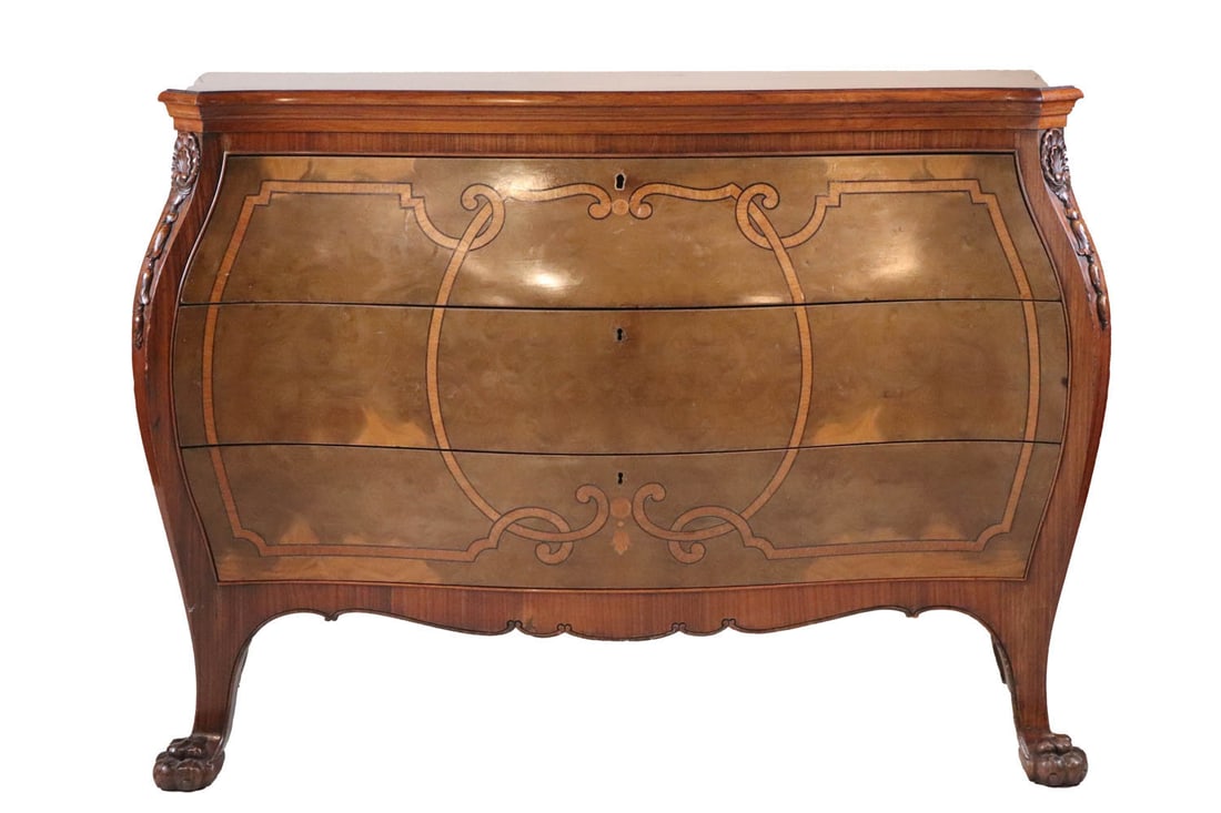 Baroque Style Inlaid Mahogany Bombe Commode (1 of 12)