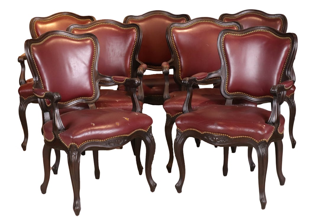 Seven Louis XV Style Purple-Leather Fauteuils: 20th C. Losses, tears to leather, surface distress. 38-1/4"h x 24-1/2"w x 21-1/2"d
