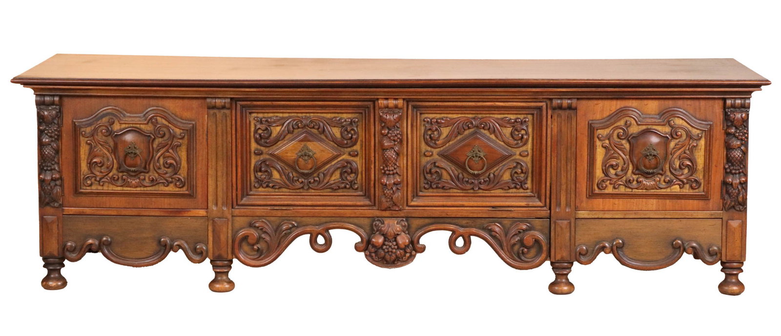 Baroque Style Carved Wood Low Cabinet: 20th C. Lacking backboards, surface distress and wear. 23"h x 6'6"w x 23"d