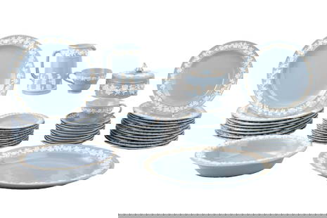 Wedgwood & Barlaston Queensware Dinner Service: English, 20th C. comprising, an oval serving platter, pair of oval serving dishes, a pitcher, a covered candy bowl, 8 dinner plates, 9 teacups and saucers, 10 bread plates, and 12 luncheon plates. 53
