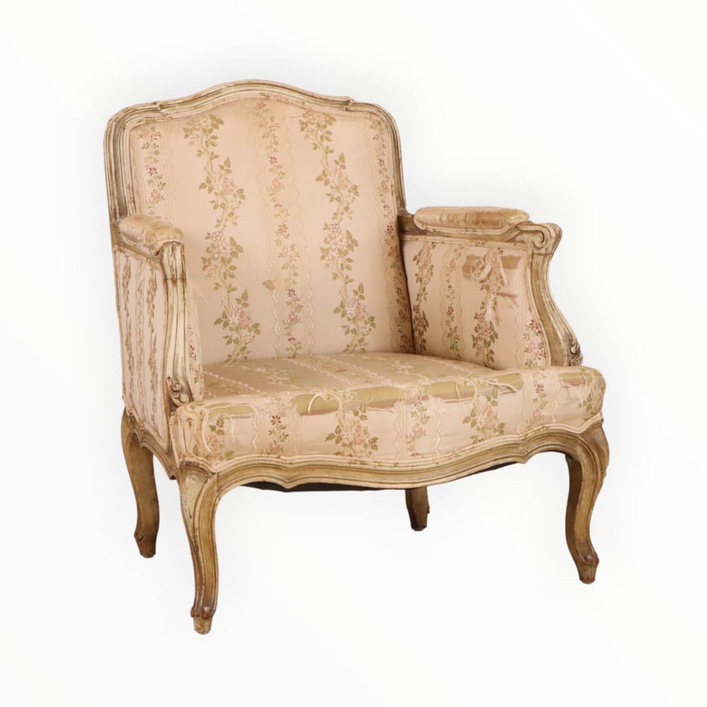 Louis XV Style White-Painted Bergere: 20th C. with floral upholstery. Some losses, surface distress, wear. 31"h Provenance: Property from a Private Princeton, NJ Collection