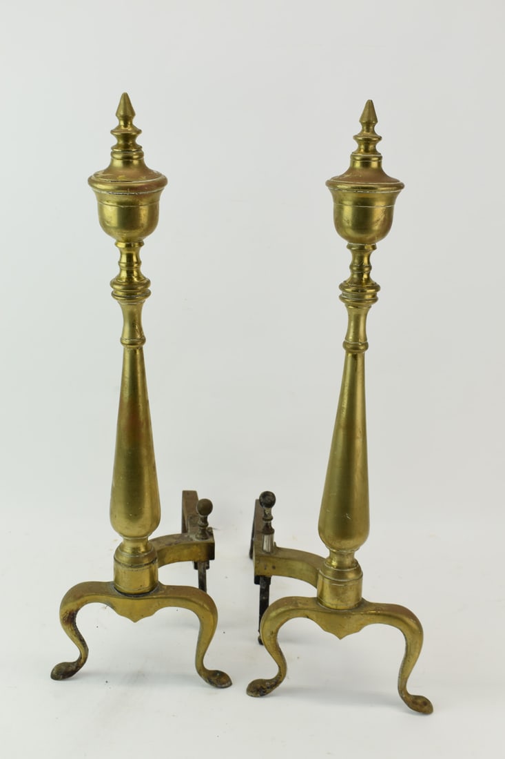 Brass Lemon Top Andirons: Brass Lemon Top Andirons in used condition, wear/worn. Dimensions:24-1/4"h x 14-1/4"d.