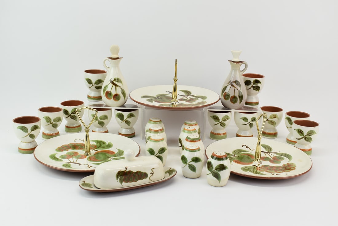 Group of Stangl Orchard Song Serving Pieces: Group of Stangl Orchard Song Serving Pieces. Comprising 3 Tidbit trays, butter dish, 12 egg cups, 4 sets of salt and pepper shakers, oil and vinegar bottle. Used condition, in need of cleaning