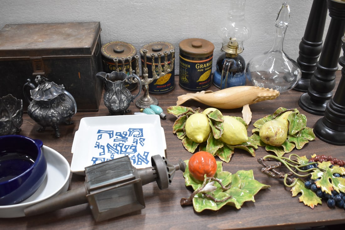Group of Assorted Table Articles: Group of Assorted Table Articles including silver plated Hollowear, Grainger Tabaco tins, wooden candlesticks, carved wooden whale, carriage lantern, serving dishes, and floor Italian art pottery hang