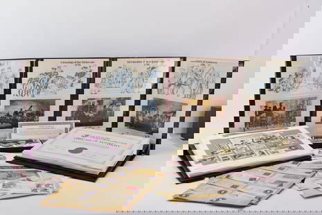 American Postage Stamps: American Postage Stamps many first issue including 3 albums, one Elvis Presley in presentation box and assorted stamps. Used condition. Largest album measures 12" x 14 1/2" x 1 1/2"