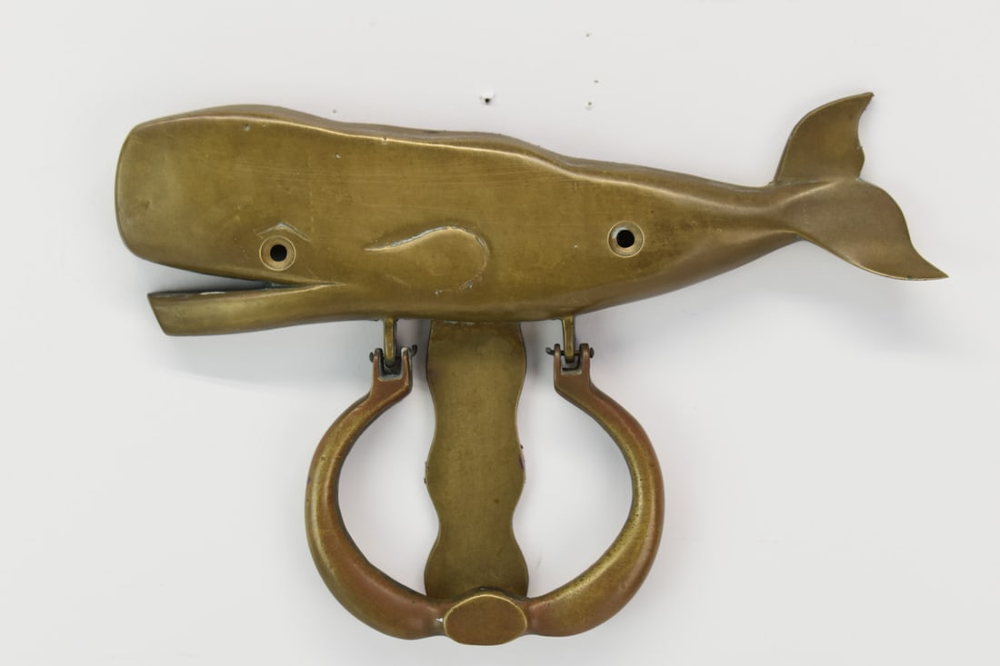 Vintage Brass Whale Form Door Knocker: Vintage Brass Whale Form Door Knocker. Used condition, 9" wide x 6" x 1/2"