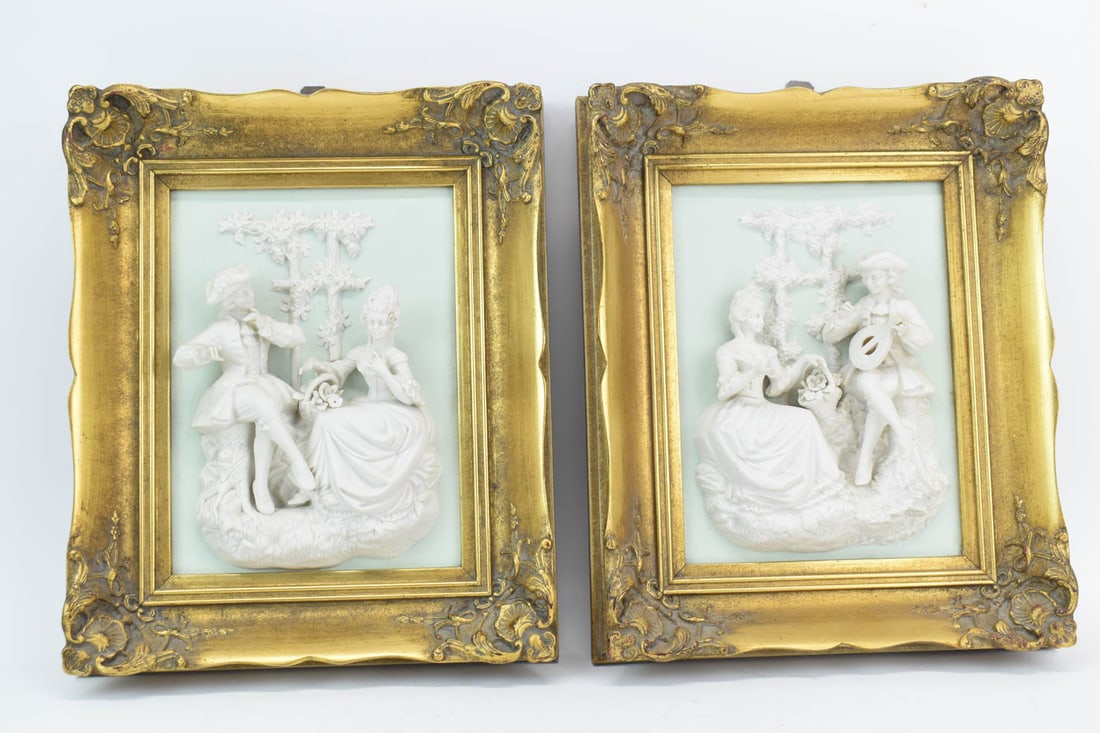 Pair of Framed Porcelain Plaques Courting Couples (1 of 11)