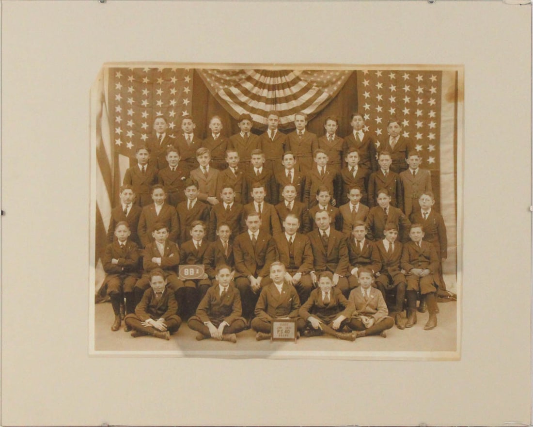 Photographic Americana School Photograph: Depicting Bronx P. S. 40 Boys' Eight Grade Class, 1921 Loss to upper right corner Overall: 15-3/4"h x 19-3/4"w Sight: 10-7/8"h x 13-7/8"w