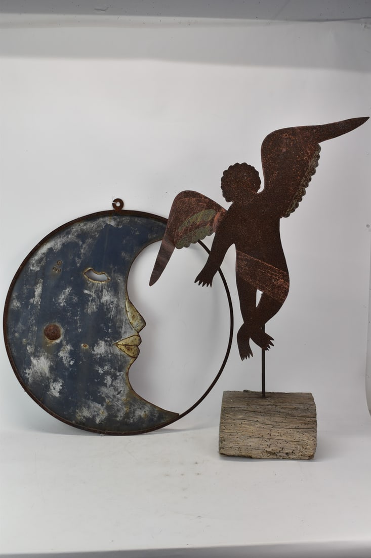 Vintage Folk Art Style Metalwork Flying Angel: Vintage Folk Art Style Metalwork Flying Angel on drift wood base. Together with a metalwork Man in the Moon. Used condition, wear, worn, rusty, repair to eye hook. Man in Moon measures 27 3/4" diamete