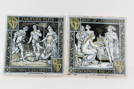 Pair of Aesthetic Movement Minton Tiles: Pair of Aesthetic Movement Minton Tiles, John Moyer Smith, one titled Fair Maid of Perth and the other Bridge of Lammermoor. Used condition, chips, each measure 8" x 8"