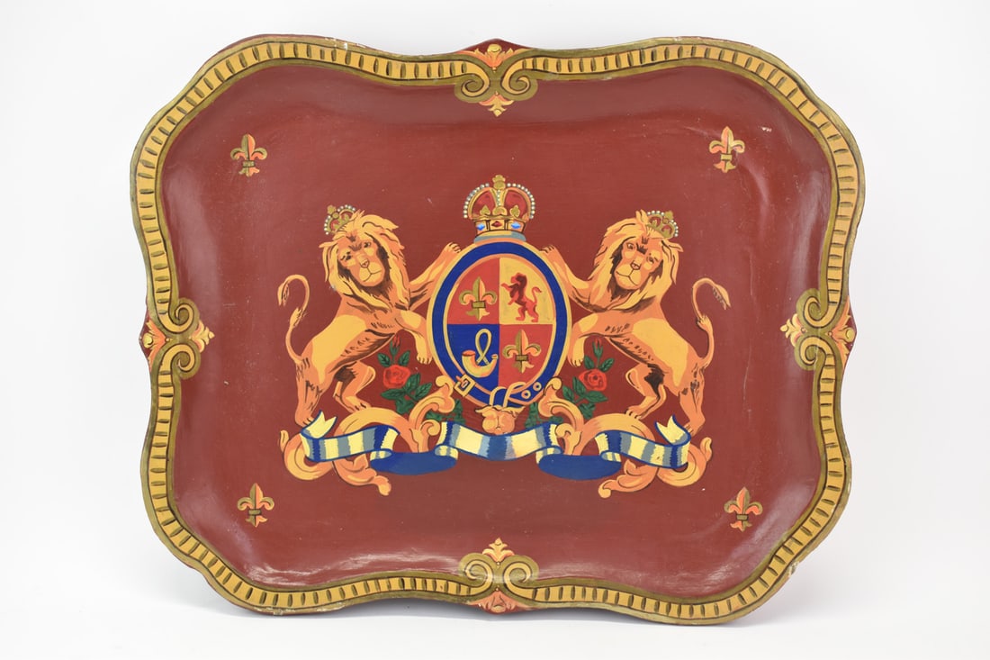 Vintage Papier Mache Armorial Tray Serving Tray: Vintage Papier Mache Armorial Tray Serving Tray. Used condition, wear, 25" x 20 1/2"