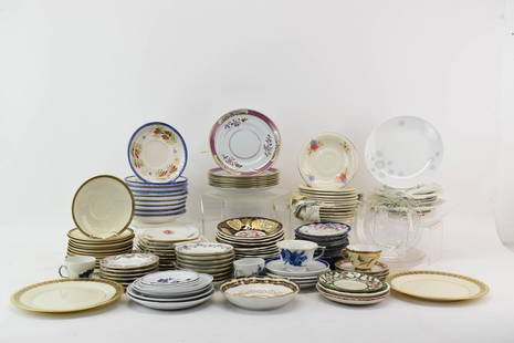 Large Group of Assorted Saucers: Large Group of Assorted Saucers including Rosenthal, Limoges, Lenox, Royal Epiag, Minton, Spode, Royal Copenhagen Cups, Beleek, and other assorted saucers and plates; used condition, wear/worn