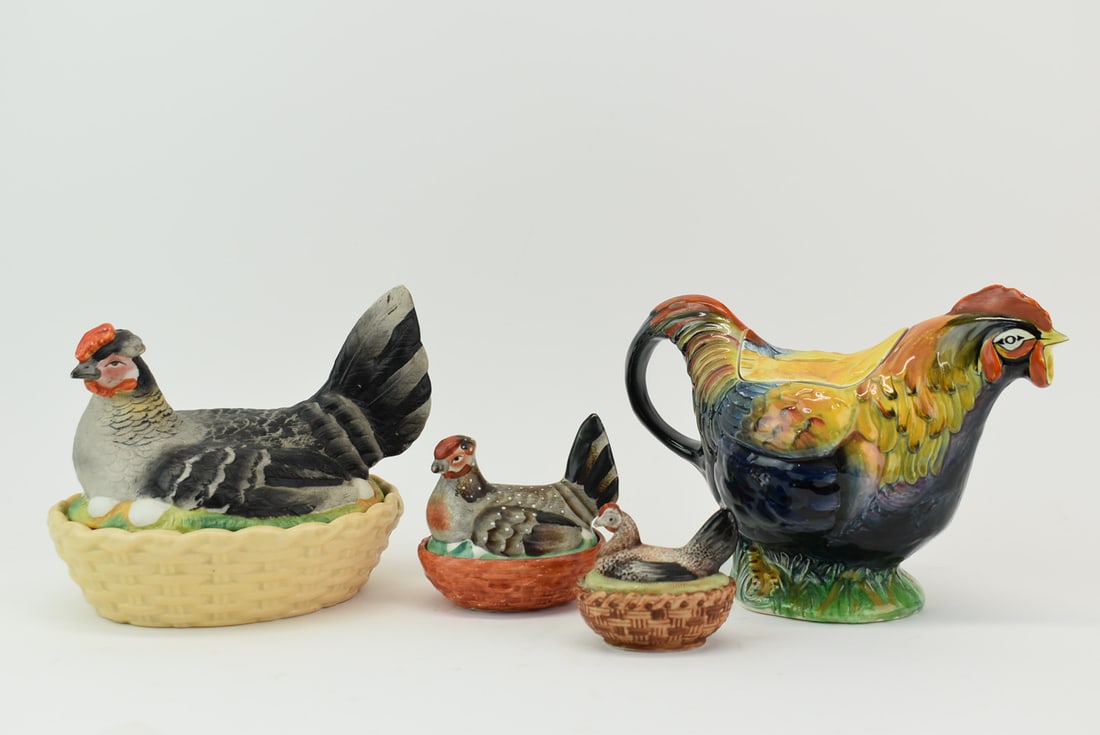 Group of 3 Polychrome Majolica Hen Covered Dishes (1 of 12)