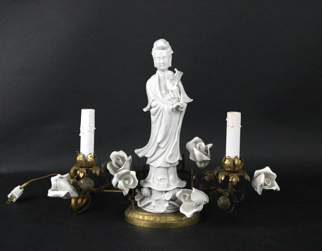 Chinese Blanc de Chine Guanyin Figure: Chinese Blanc de Chine Guanyin Figure, Mounted as a lamp with additional blanc de chine roses Figure: 12-1/2"h Lamp: 13-1/4"h x 17-1/2"w