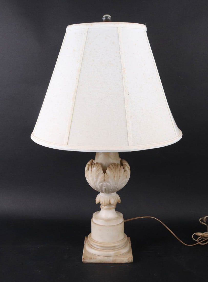 Carved Alabaster Table Lamp: 20th C. Surface distress, wear, stains. 28-3/4"h Provenance: Property from a Private Philadelphia and UK Family Collection